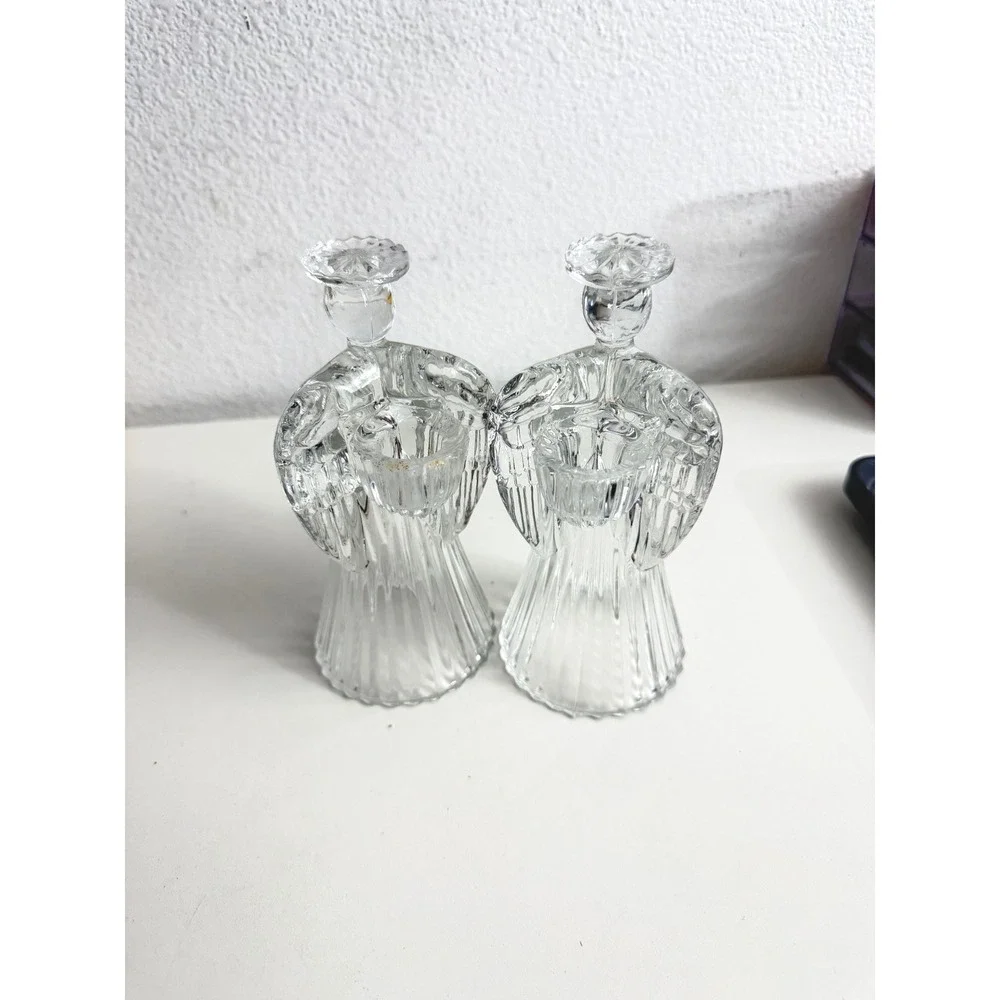 Vintage Clear Pressed Glass Angel Candle Holders Pair Praying Wings 7.5 Inch
